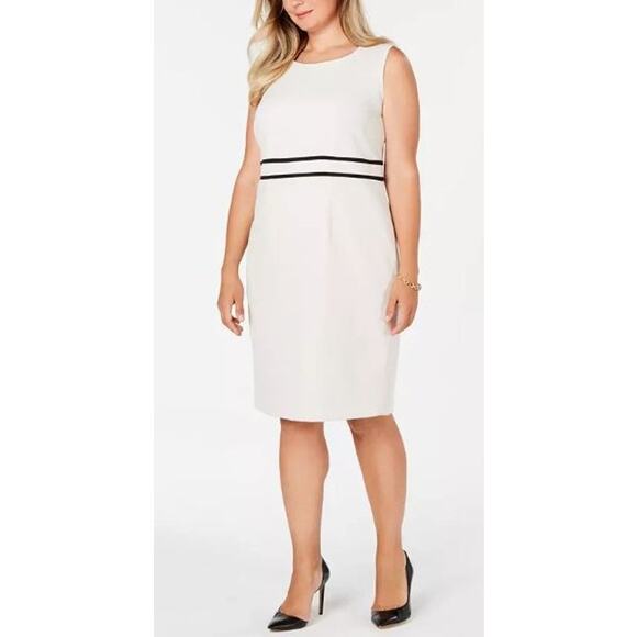 Kasper Plus 22W Pencil Sheath Dress White Parchment Black Hourglass Sleeveless - Picture 1 of 9
